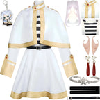 full frieren cosplay set white cape dress purple twin tail wig elf ears earrings bracelet belt stocking keychain accessories