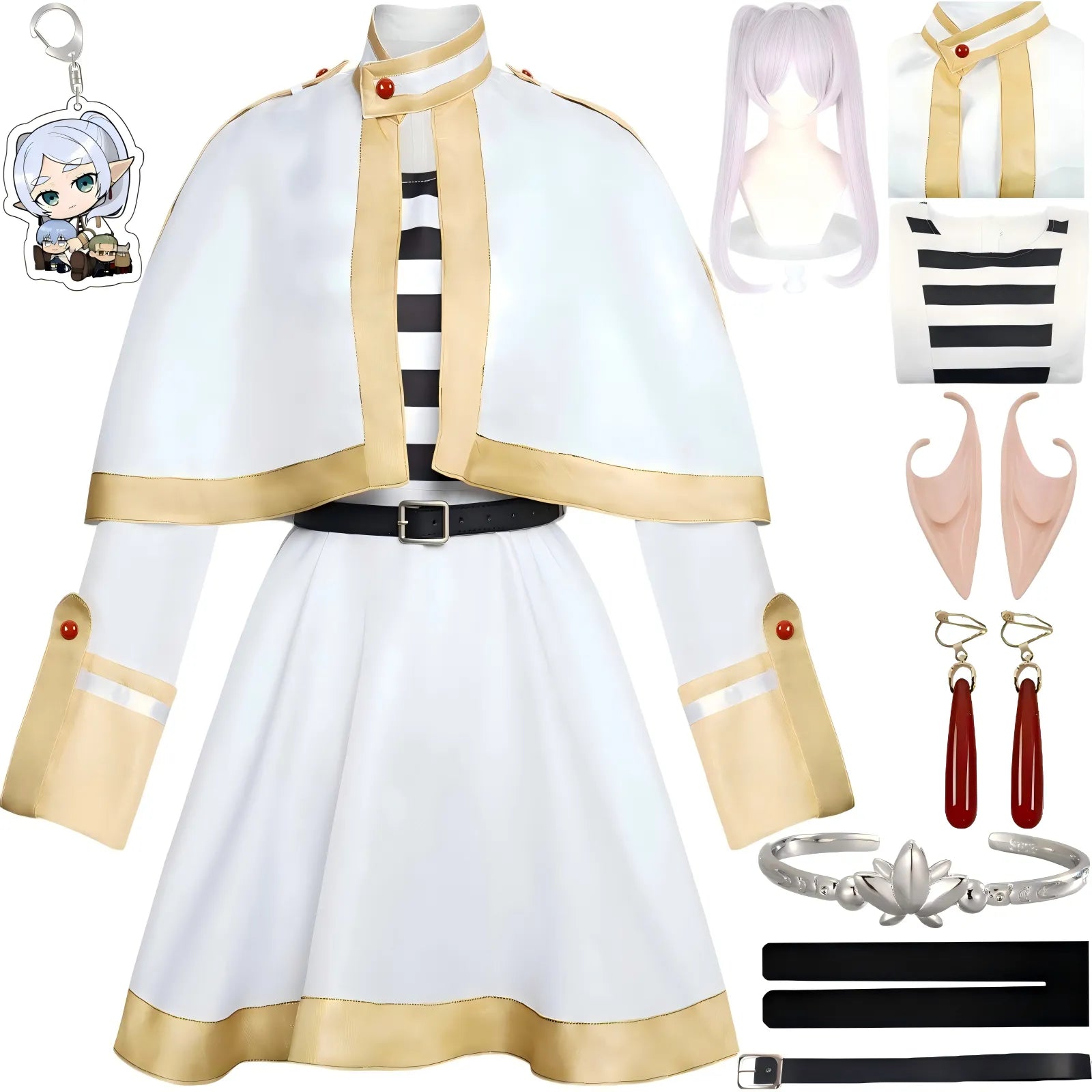 full frieren cosplay set white cape dress purple twin tail wig elf ears earrings bracelet belt stocking keychain accessories