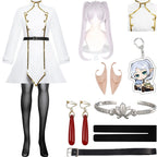 full frieren cosplay set white stand collar dress light purple twin tail wig elf ears earrings bracelet belt stockings keychain