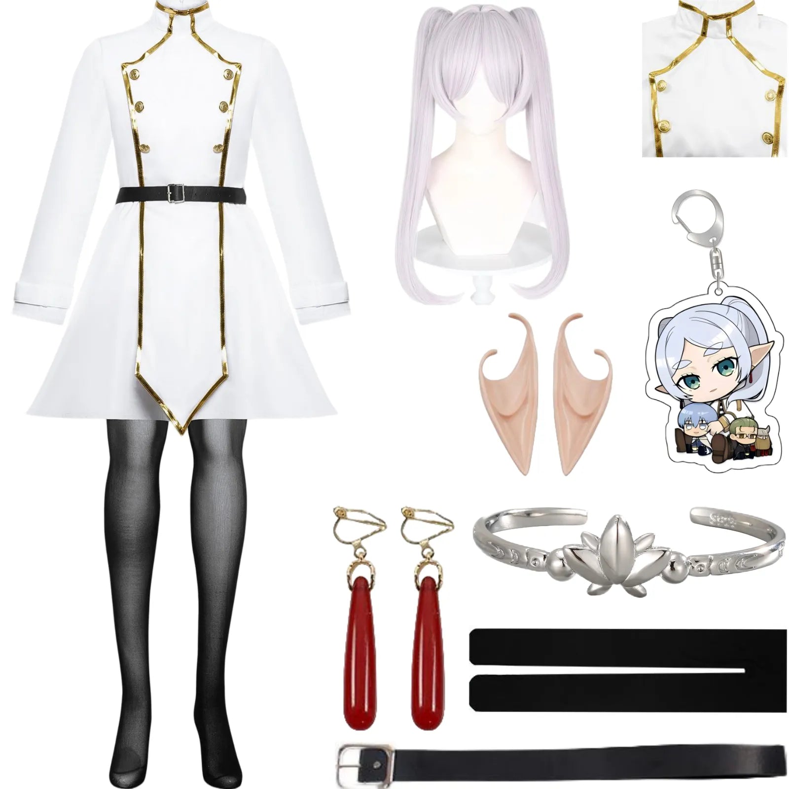 full frieren cosplay set white stand collar dress light purple twin tail wig elf ears earrings bracelet belt stockings keychain