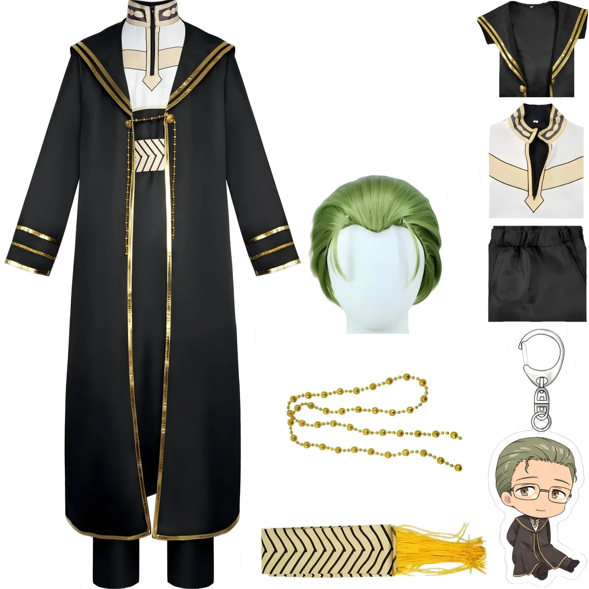 heiter frieren full cosplay costume black gold trim robe matching green anime wig full accessories pack