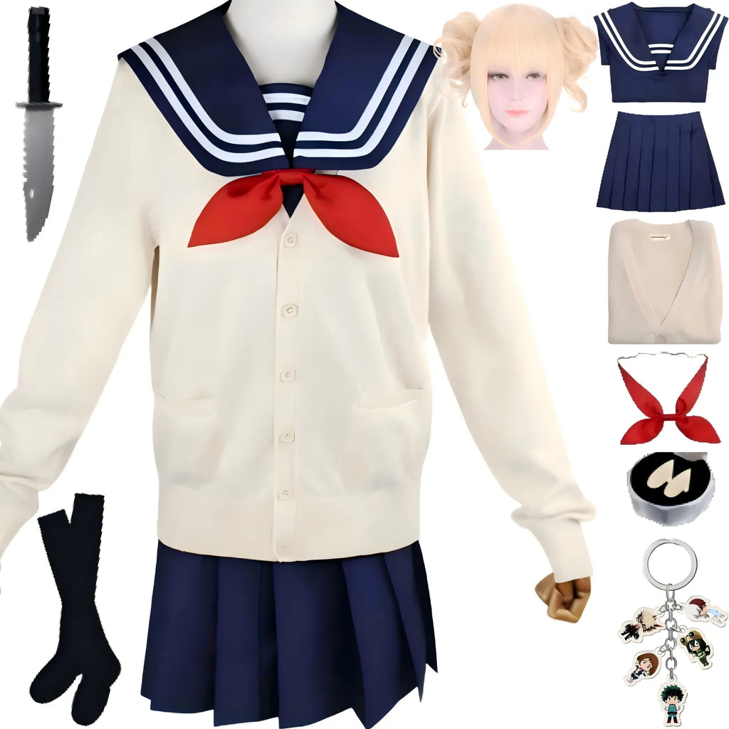 full himiko toga mha cos sailor costume navy uniform cream cardigan blonde wig all accessories