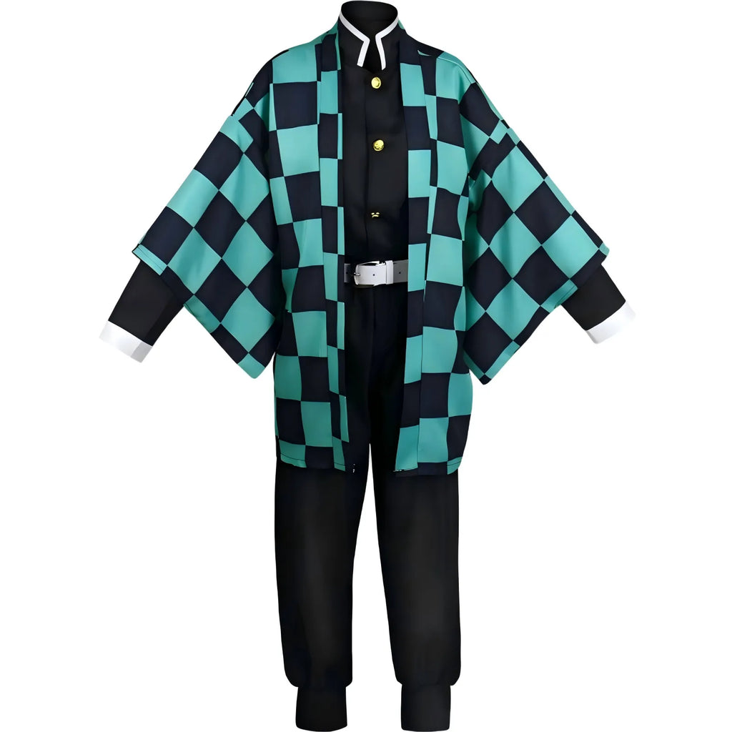 front full view tanjiro cosplay costume, checkered haori and demon slayer uniform