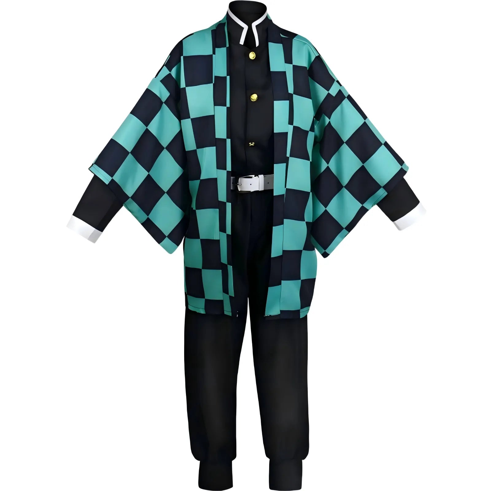 front full view tanjiro cosplay costume, checkered haori and demon slayer uniform