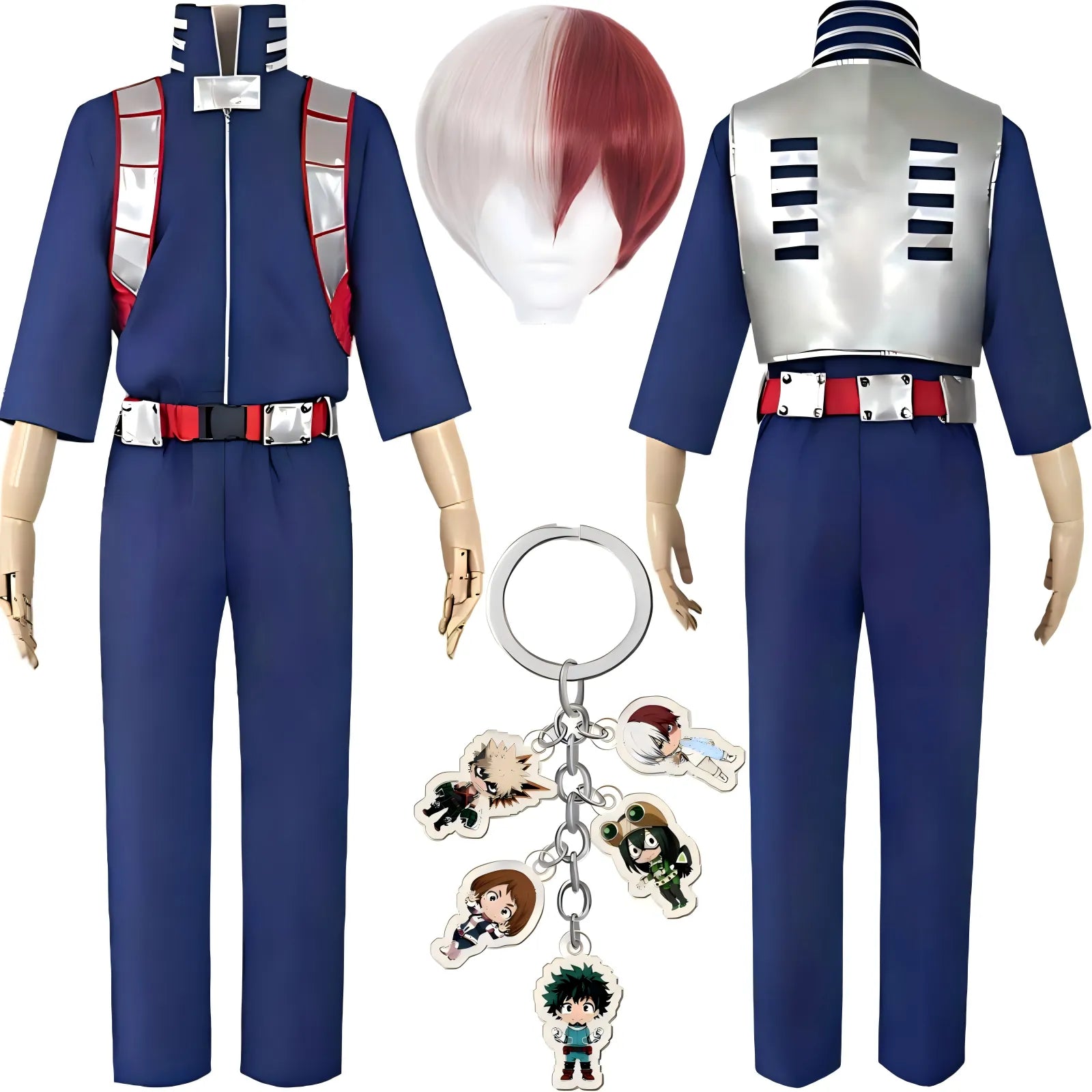 full shoto todoroki mha cos costume training jumpsuit two tone wig anime character keychain