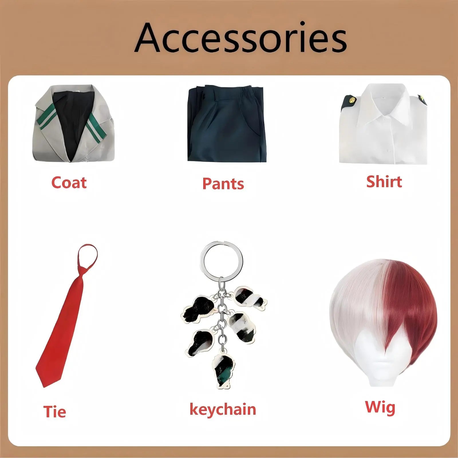 mha shoto todoroki full uniform accessories flat lay coat shirt pants tie wig keychain