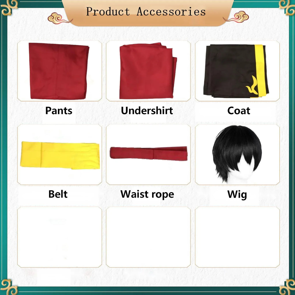 full zuko cosplay accessories layout with pants top vest belt waist rope and black cosplay wig