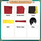 full zuko cosplay accessories layout with pants top vest belt waist rope and black cosplay wig