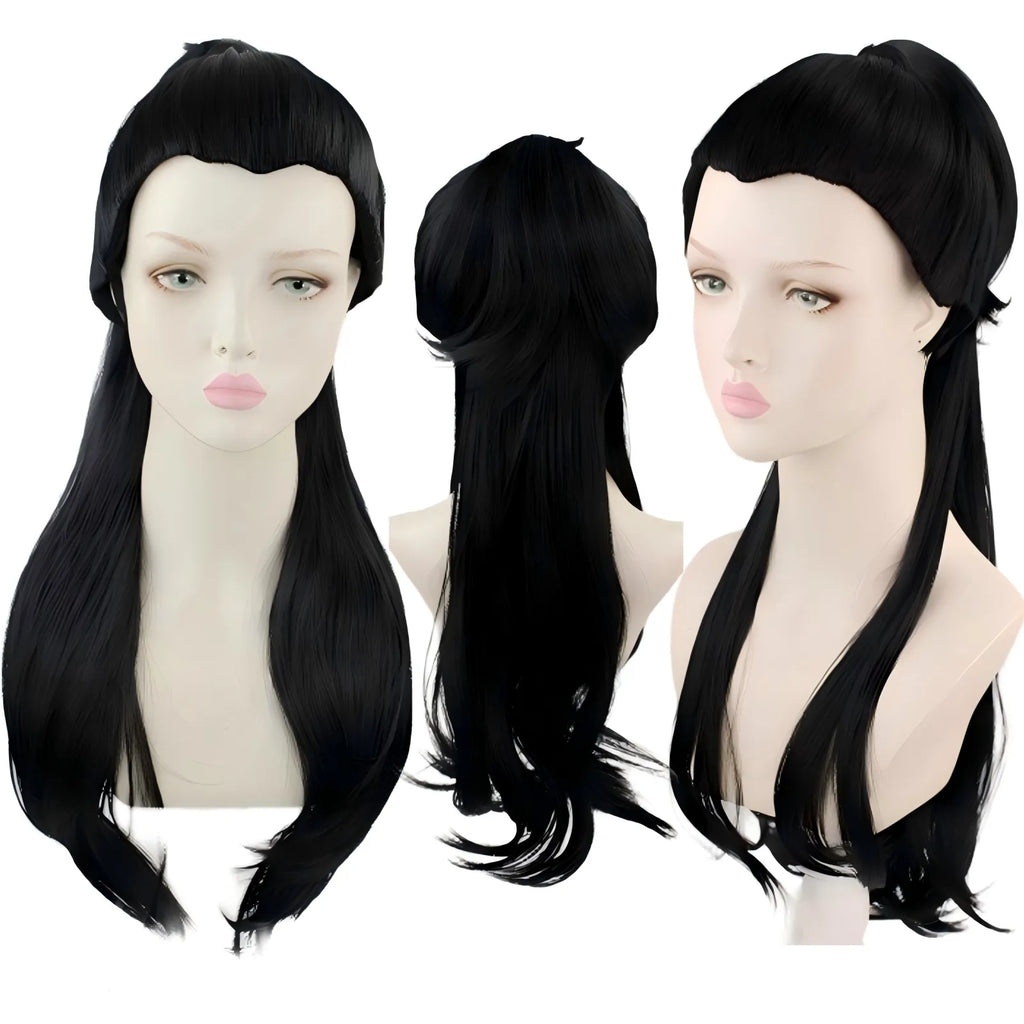 multiple angle view of daki black long cosplay wig