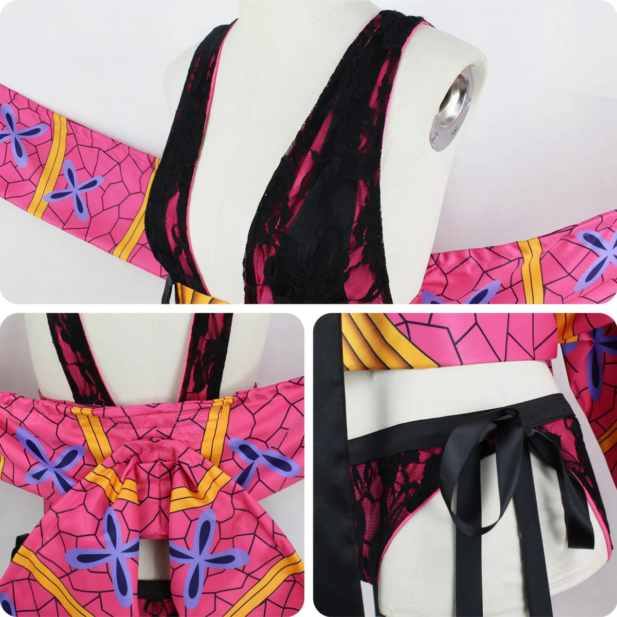 close‑up details of daki cosplay costume lace straps and back bow
