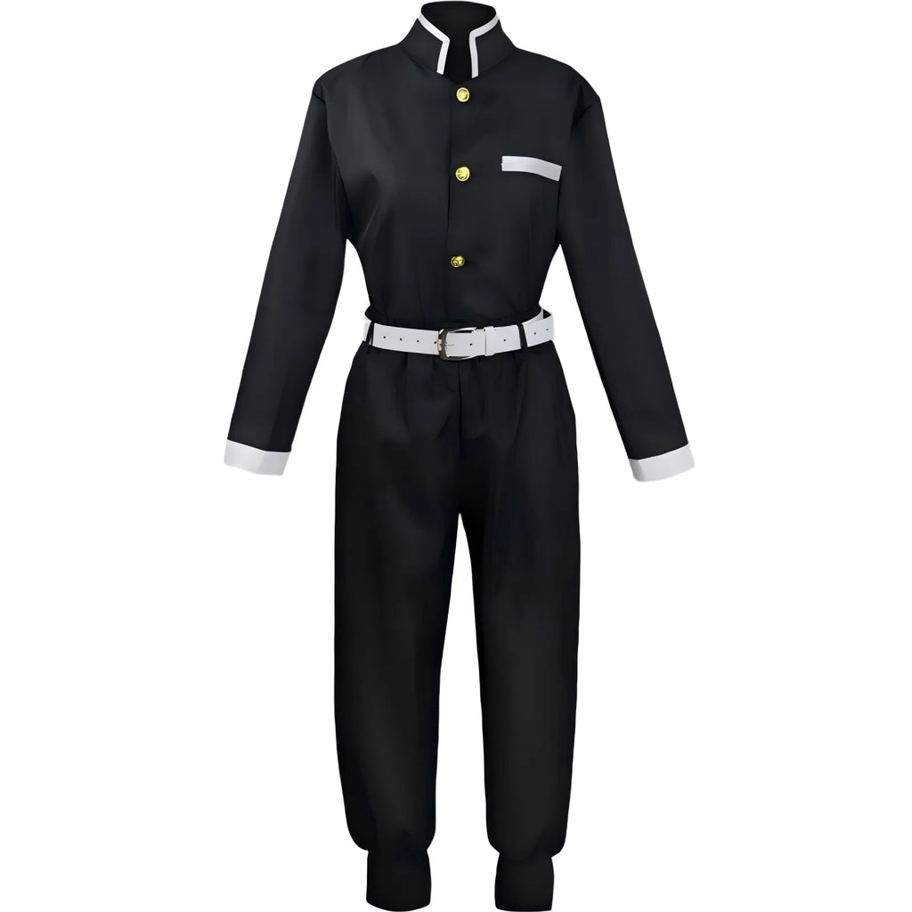 front view black demon slayer corps uniform, stand collar with gold buttons, white belt, cosplay inner outfit, plain white background