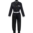 front view black demon slayer corps uniform, stand collar with gold buttons, white belt, cosplay inner outfit, plain white background