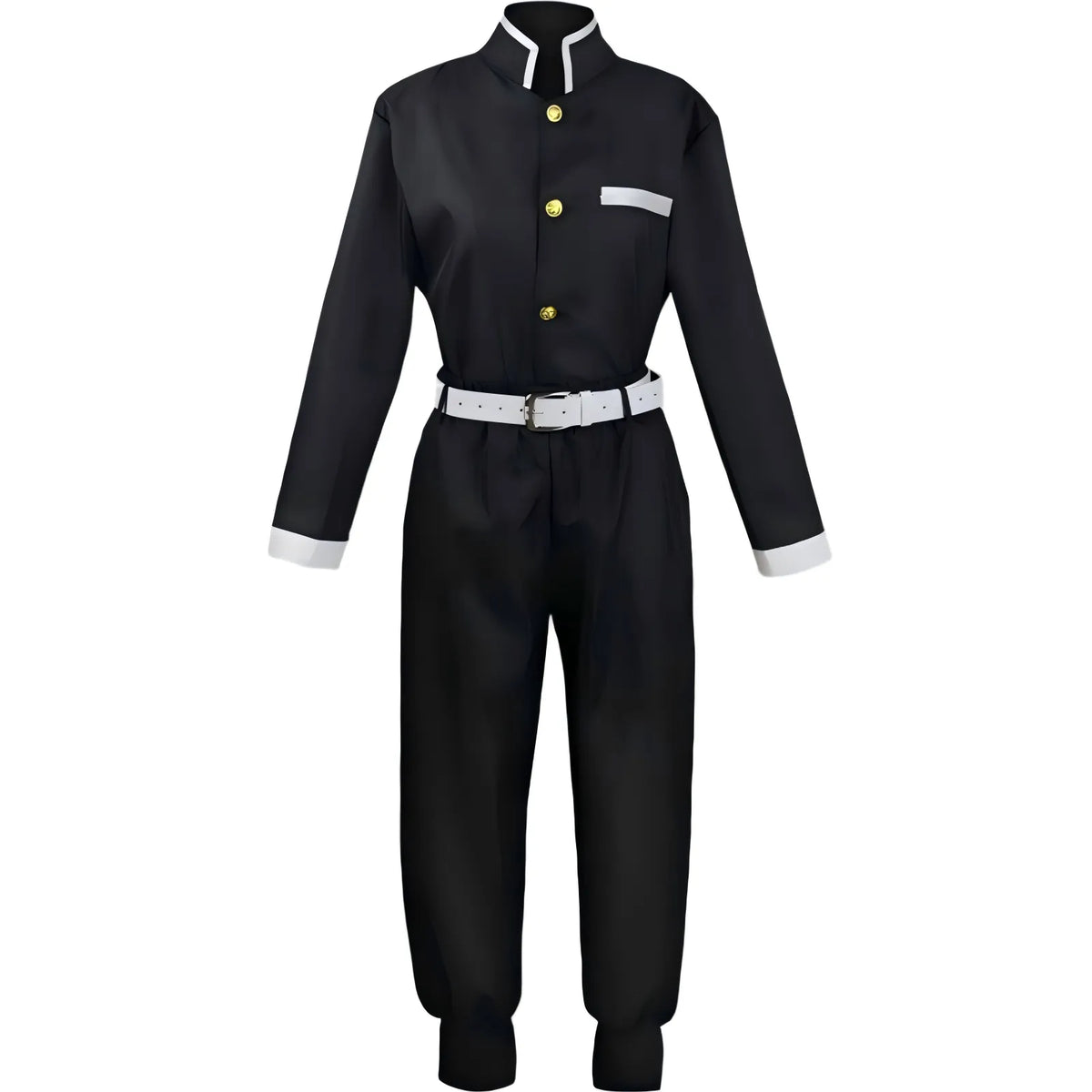front view black demon slayer corps uniform, stand collar with gold buttons, white belt, cosplay inner outfit, plain white background