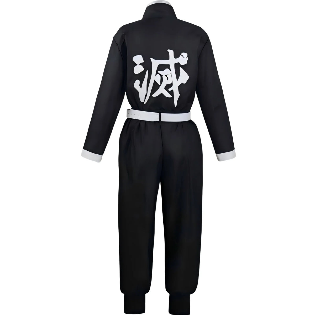 back view demon slayer uniform, white destroy kanji print on black fabric
