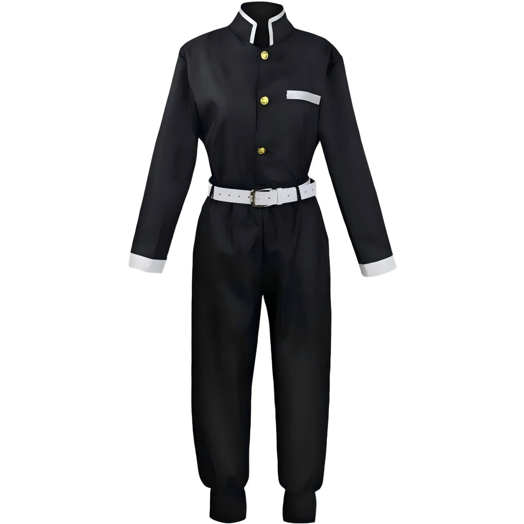 front view black demon slayer corps inner uniform with gold buttons and white belt