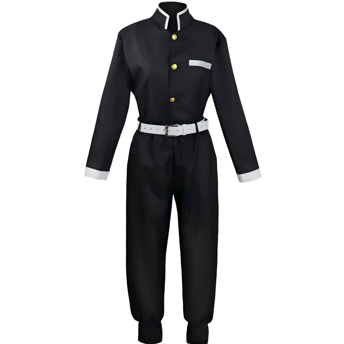 front view black demon slayer corps inner uniform, gold buttons and white belt