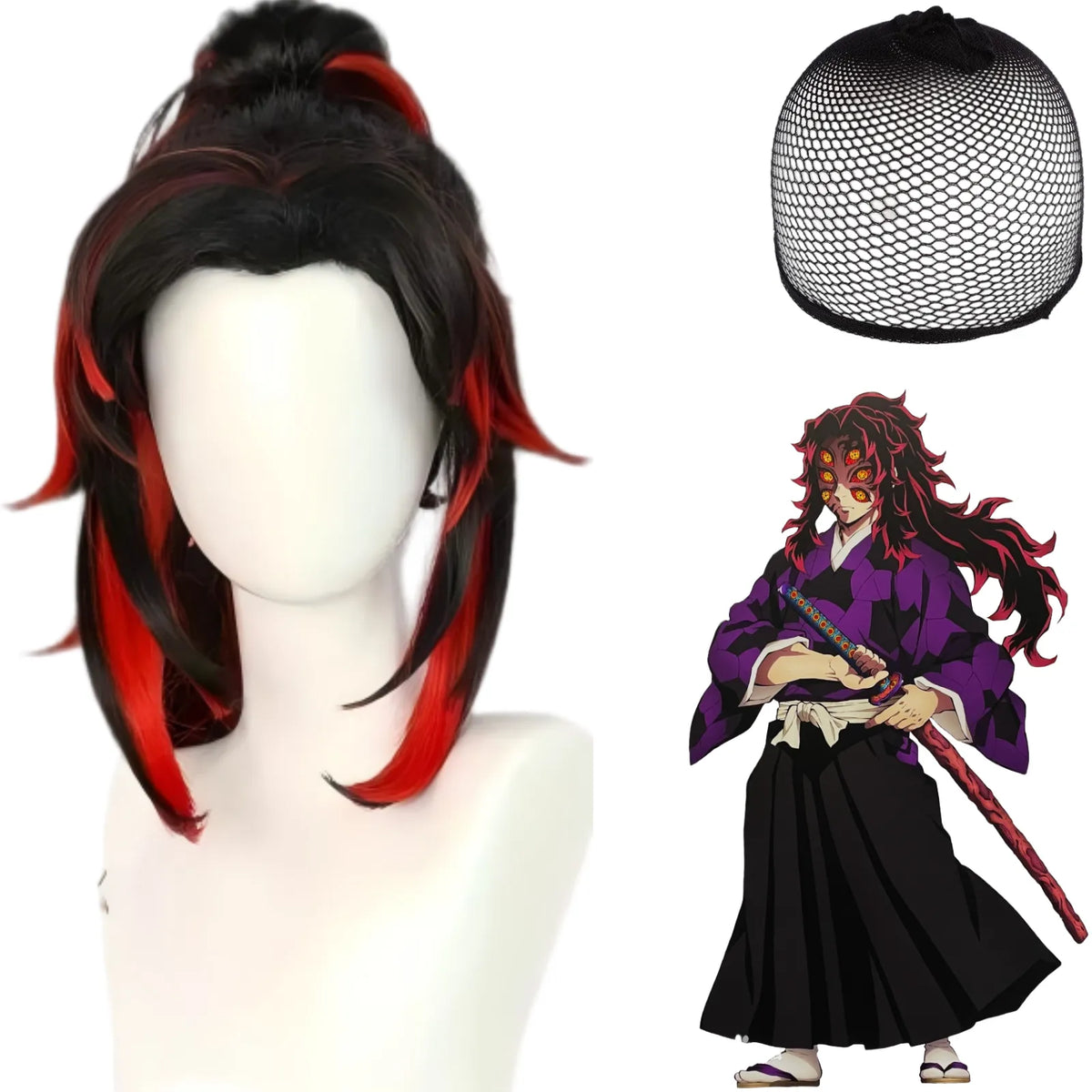 kokushibou cosplay wig black red gradient high ponytail wig on mannequin head, hairnet and kokushibou anime art, white background