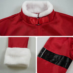 closeup stark frieren cosplay red jacket white fluffy collar cuffs black arm straps details