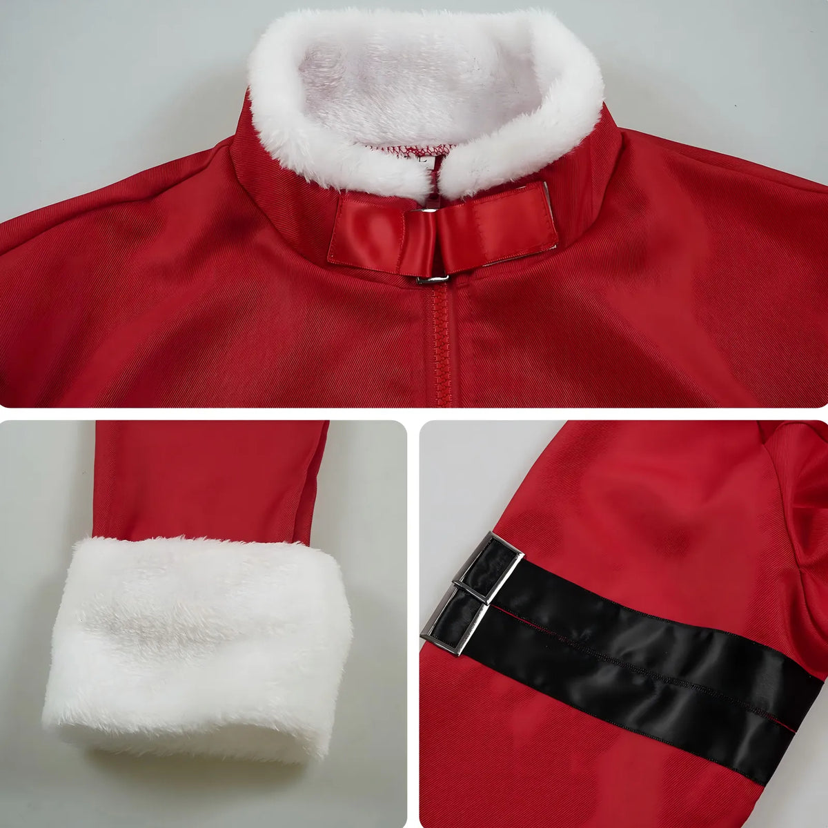 closeup stark frieren cosplay red jacket white fluffy collar cuffs black arm straps details
