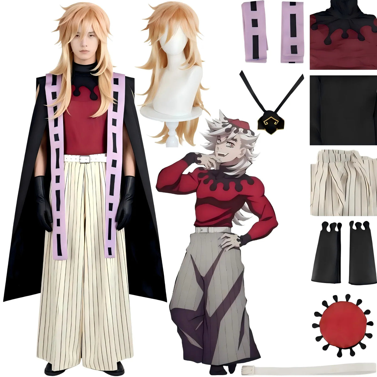 douma cosplay suit matched with long golden layered cosplay wig