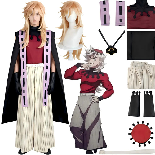 douma cosplay suit matched with long golden layered cosplay wig