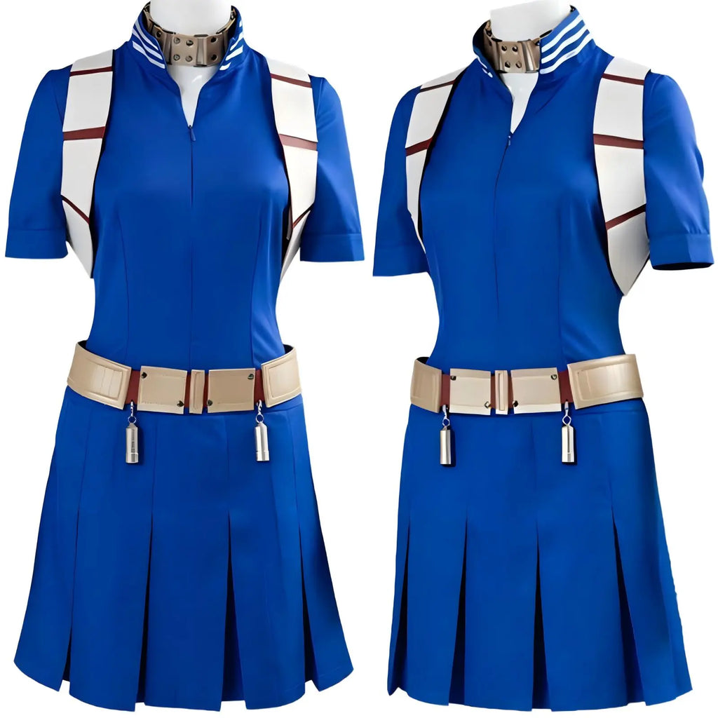 two front side shots female shoto todoroki cos blue zip pleated dress shoulder armor belt