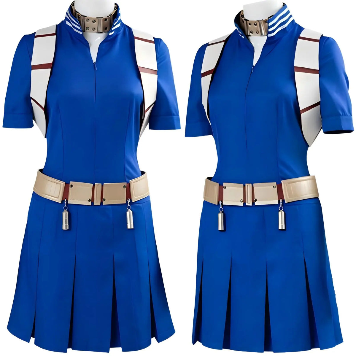 two front side shots female shoto todoroki cos blue zip pleated dress shoulder armor belt