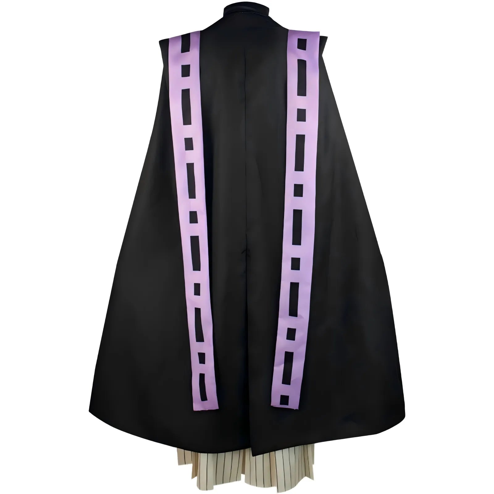 back shot of douma black sleeveless cape with light purple decorative sashes