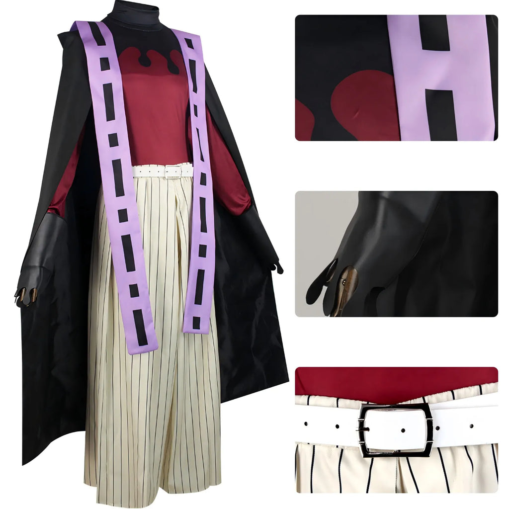 side view and partial close‑up details of doma cosplay gloves, belt and fabric