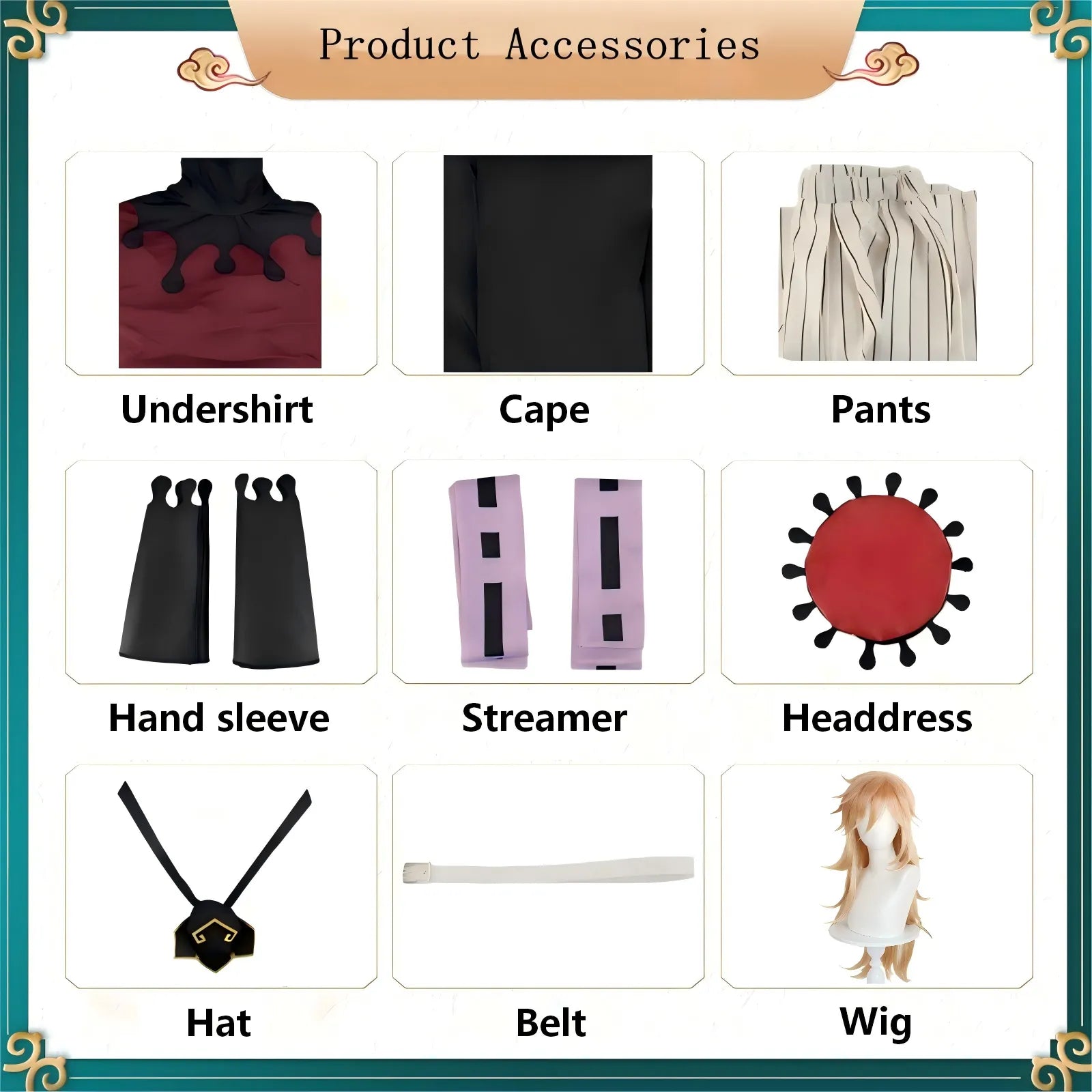 all components list for doma cosplay costume set, cape pants headdress wig