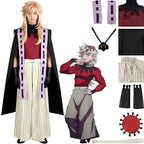young male model wearing complete douma cosplay outfit with wig and full accessories