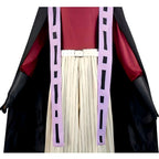 close‑up of doma cosplay red top, purple sashes and white buckle belt