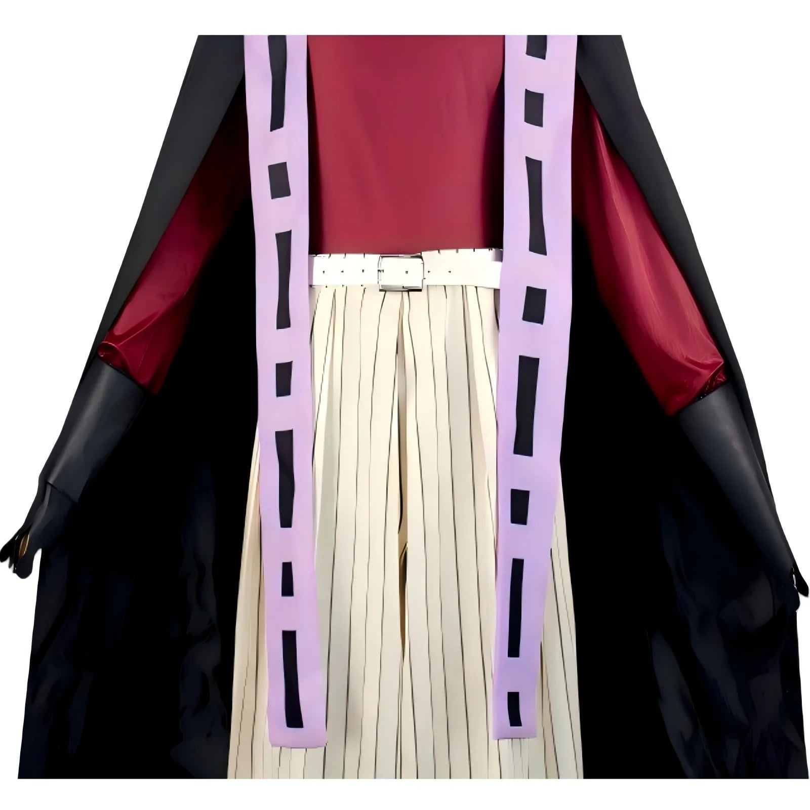 close‑up of doma cosplay red top, purple sashes and white buckle belt