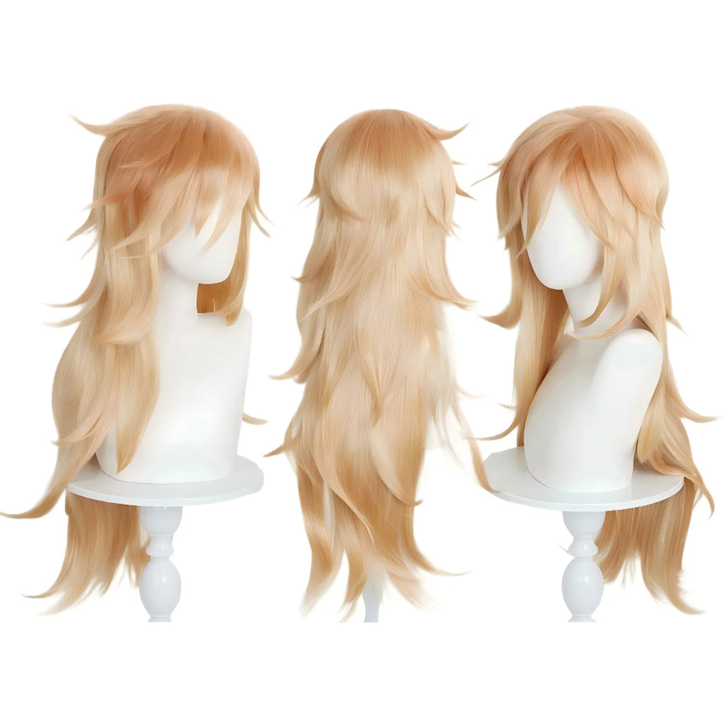 front back side view of long blonde layered douma cosplay wig on bust stand