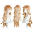 front back side view of long blonde layered douma cosplay wig on bust stand