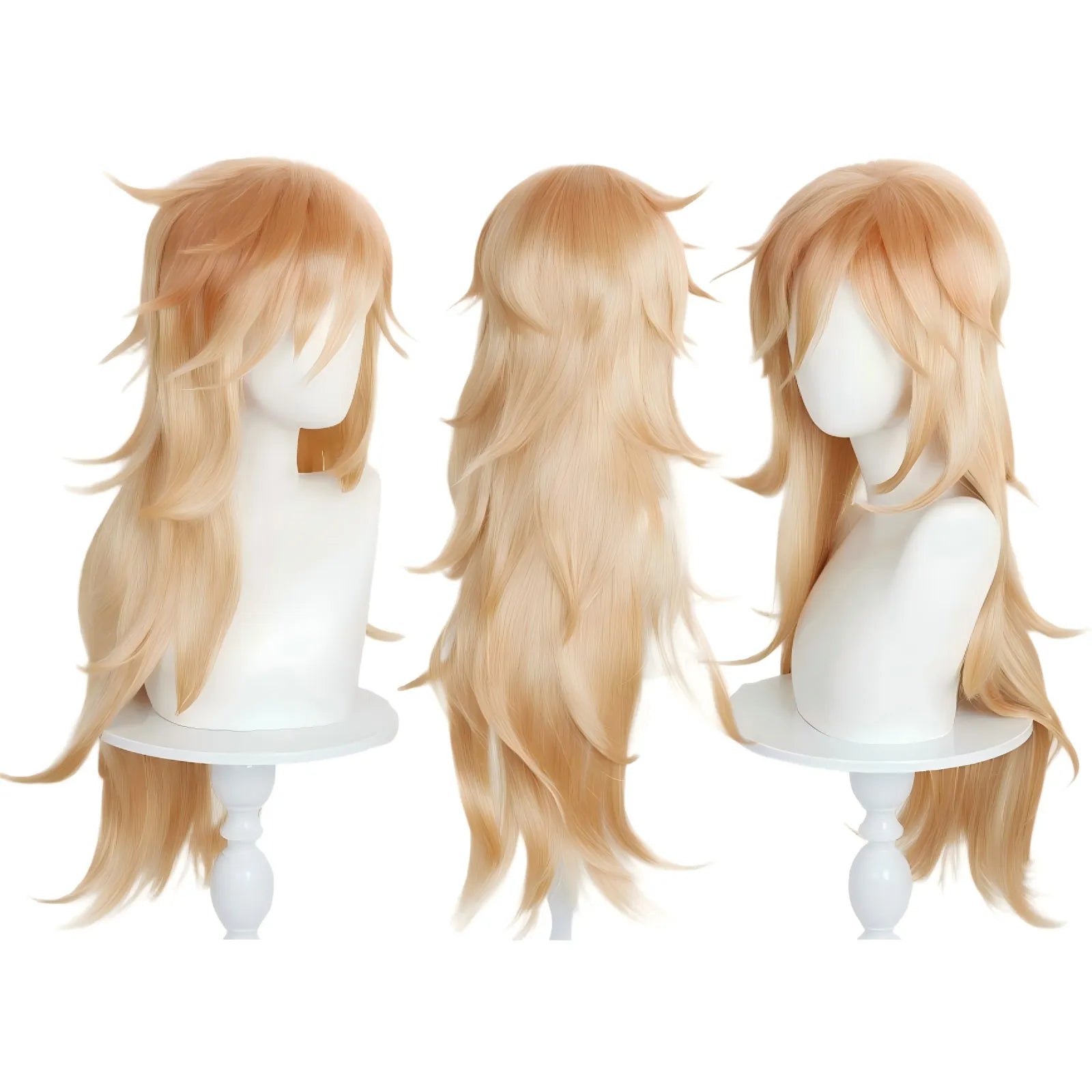 front back side view of long blonde layered douma cosplay wig on bust stand