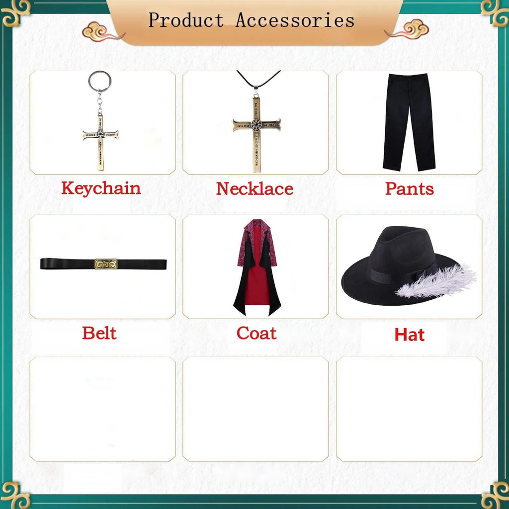 dracule mihawk cosplay accessories chart, keychain, cross necklace, pants, belt, long coat, feather hat, product parts display