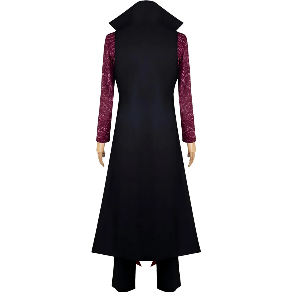 back view of dracule mihawk cosplay on mannequin, long black coat with purple paisley long sleeves, black pants, white background