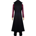back view of dracule mihawk cosplay on mannequin, long black coat with purple paisley long sleeves, black pants, white background