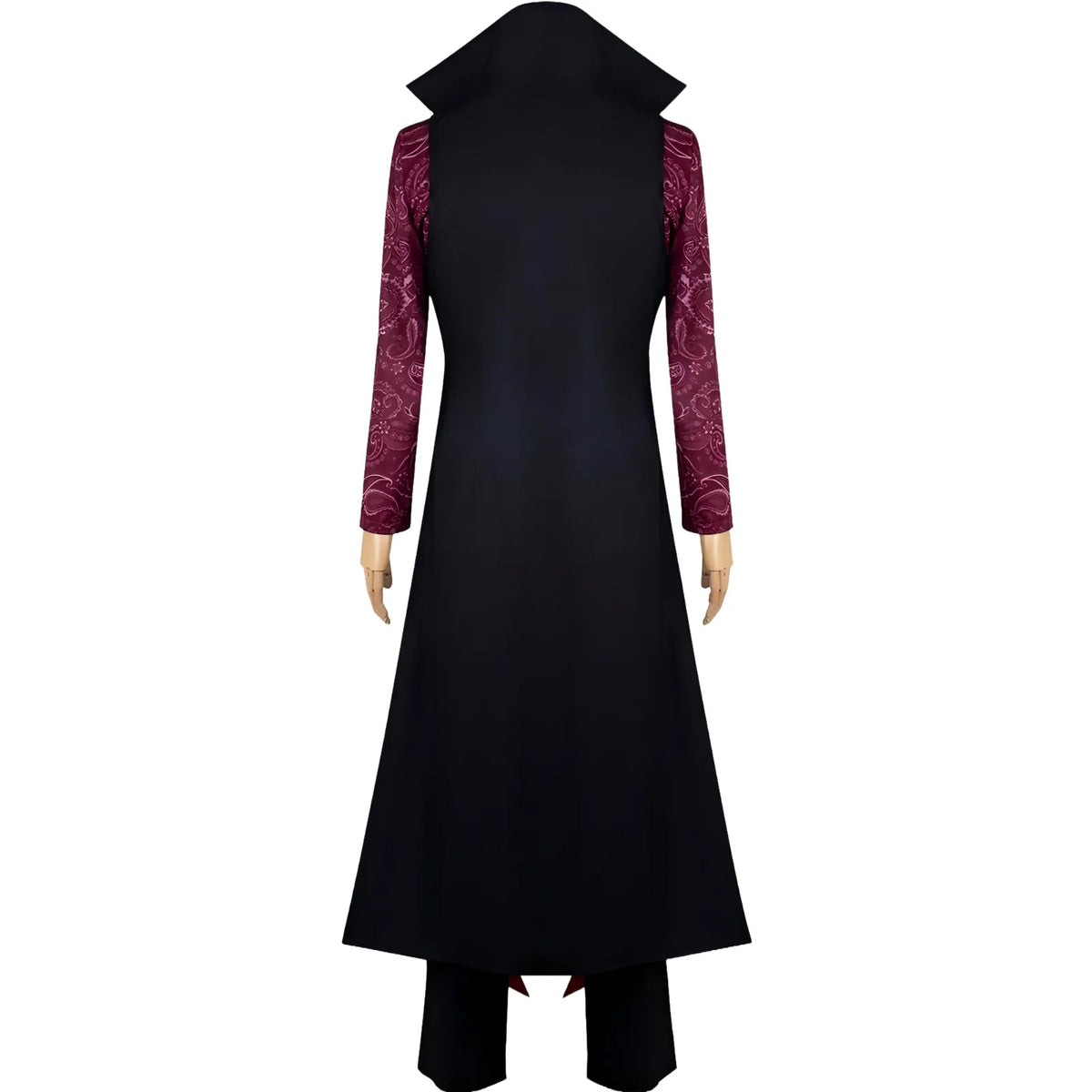 back view of dracule mihawk cosplay on mannequin, long black coat with purple paisley long sleeves, black pants, white background