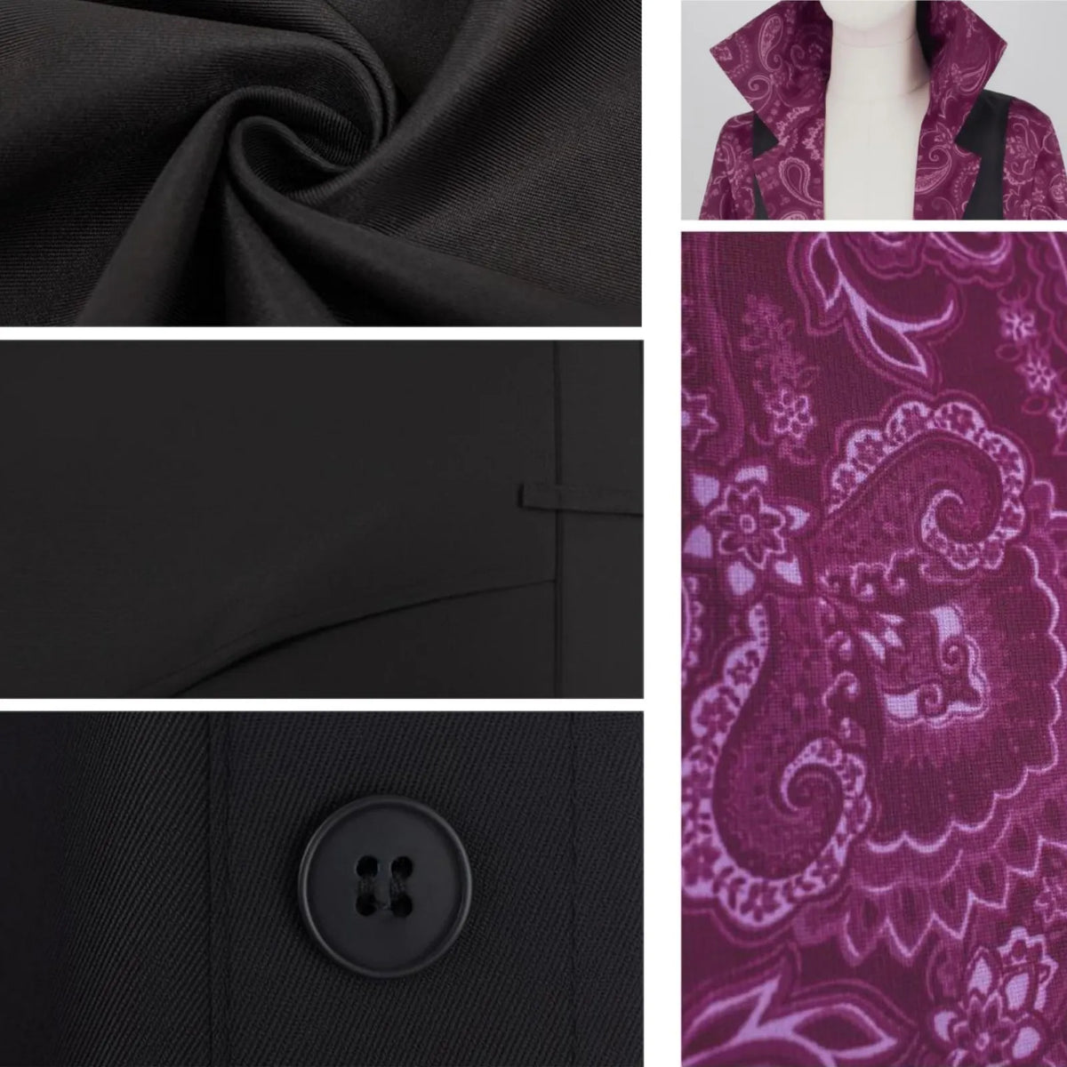 fabric closeup of dracule mihawk cosplay, black suit material, purple paisley pattern, coat button and stitching details