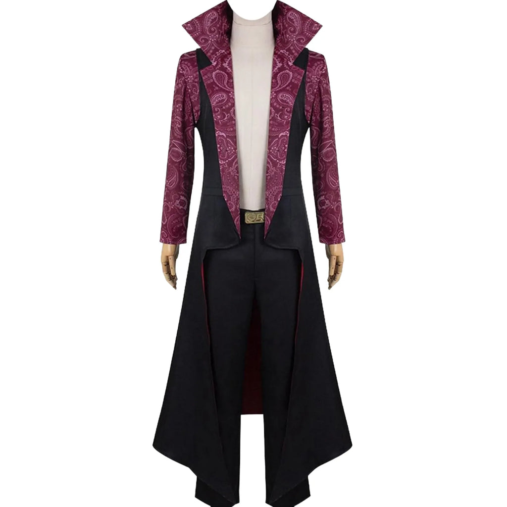 front view complete dracule mihawk cosplay outfit, black long tailcoat, purple paisley printed sleeves, black trousers and gold buckle belt on mannequin