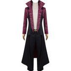 front view complete dracule mihawk cosplay outfit, black long tailcoat, purple paisley printed sleeves, black trousers and gold buckle belt on mannequin