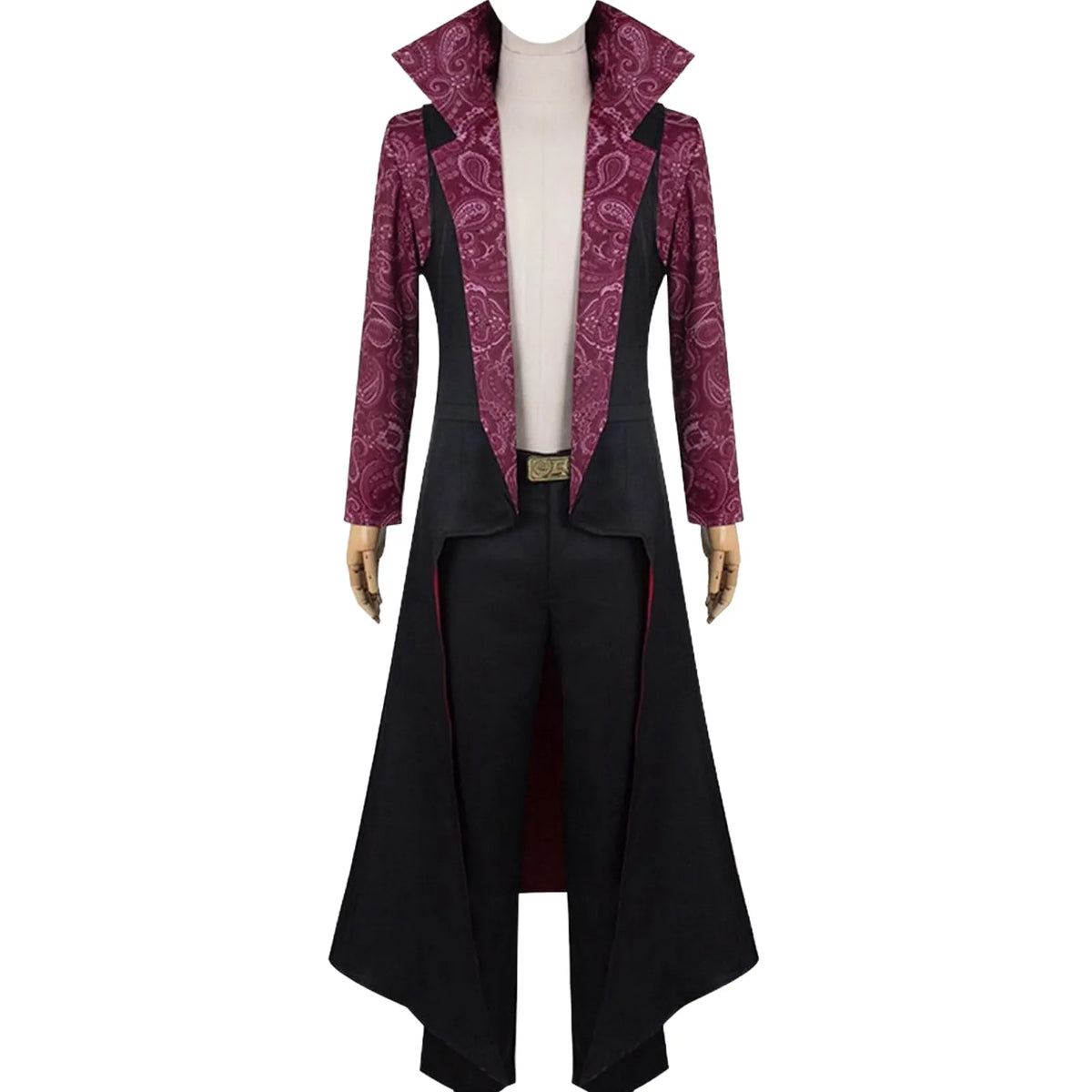 front view complete dracule mihawk cosplay outfit, black long tailcoat, purple paisley printed sleeves, black trousers and gold buckle belt on mannequin