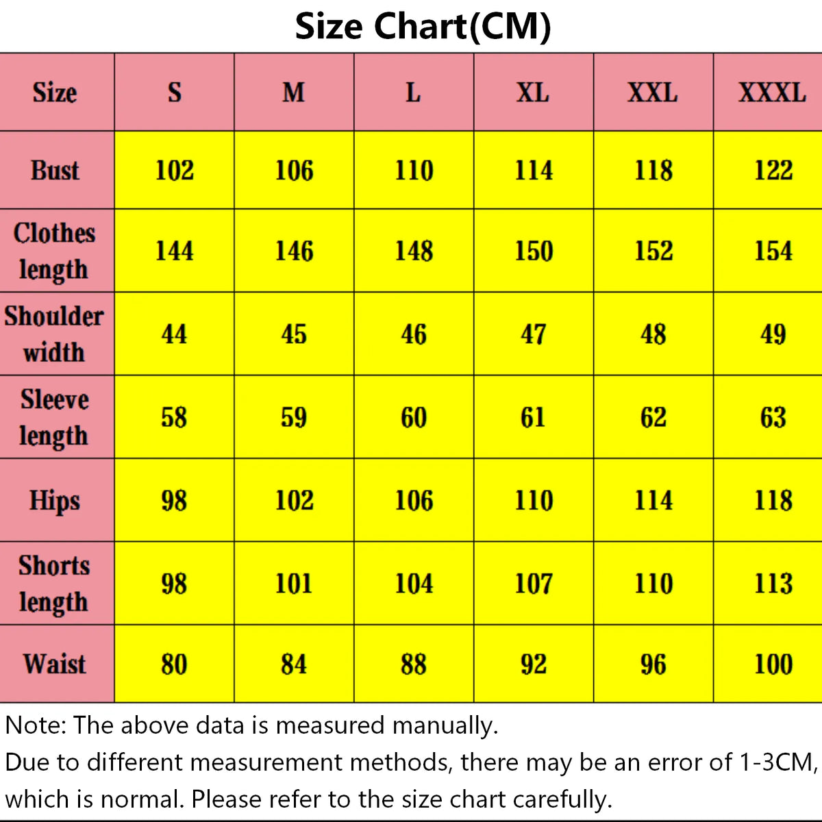 size chart for dracule mihawk cosplay costume, measurements in cm, size s to xxxl
