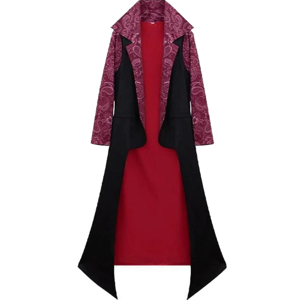 flat lay of dracule mihawk cosplay coat, black outer, red inner lining, purple paisley lapel and long sleeves