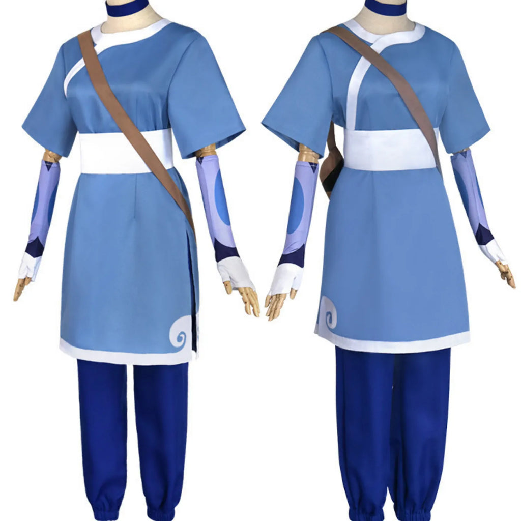 two models display katara avatar the last airbender cosplay costume front view