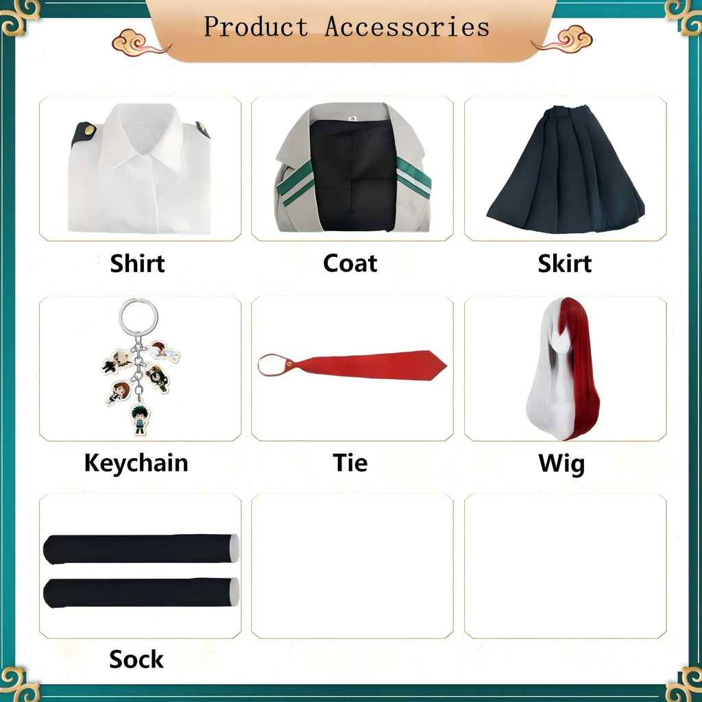 mha female todoroki cos accessory layout coat shirt skirt wig tie keychain socks product sheet