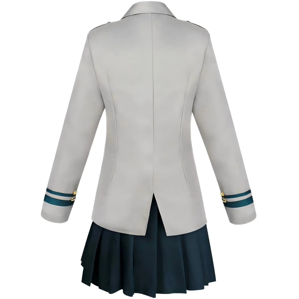 back view mha ochako uraraka grey school uniform blazer dark pleated skirt women cos costume