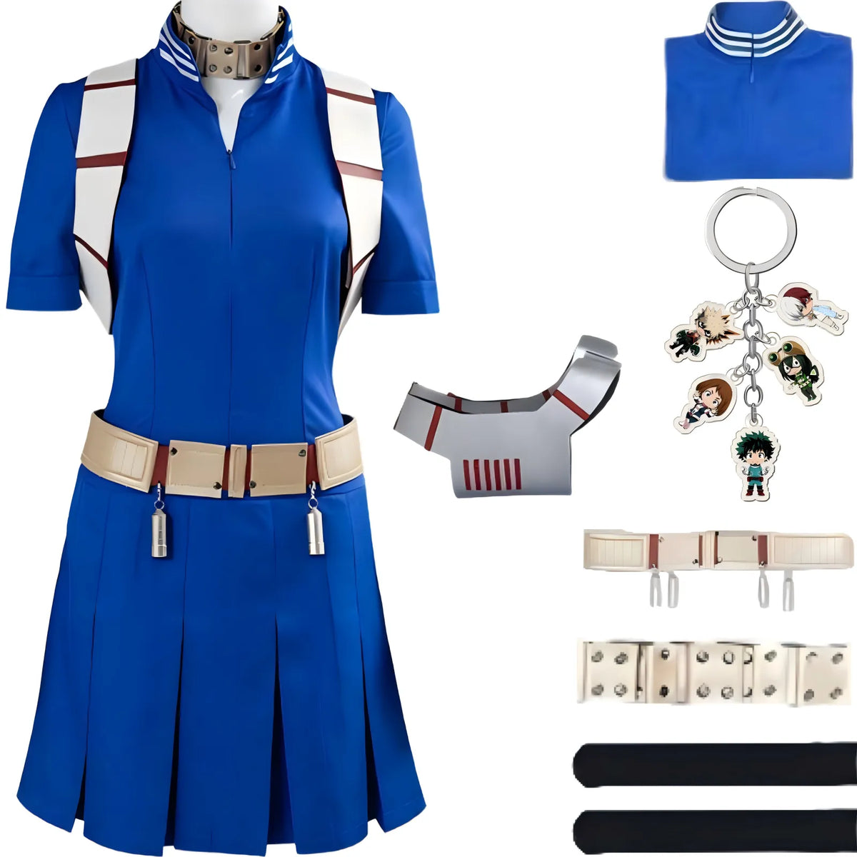 women shoto todoroki my hero academia cos blue pleated dress armor belt anime keychain parts layout